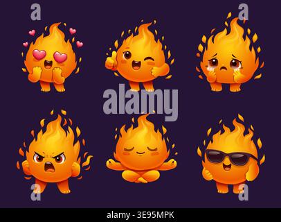 Mascotte de feu. Personnage de flamme de dessin animé mignon avec visage drôle, emoji kawaii blaze joyeux, pouces vers le haut, amour et heureux, expression de méditation. Alimentation Illustration de Vecteur