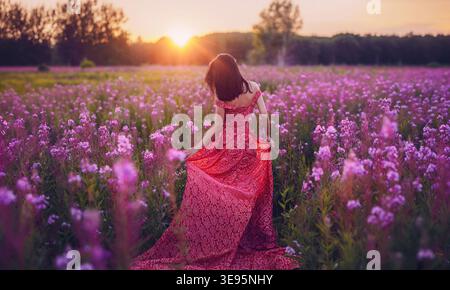Jeune femme en longue belle robe rose marche à travers le champ de fleurs en fleurs. Concept printemps et été Banque D'Images