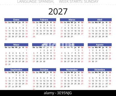 Calendrier espagnol 2027 moderne pour l'Espagne avec mise en page annuelle structurée et début de semaine du dimanche 
 Illustration de Vecteur