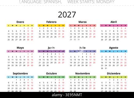 Calendrier annuel espagnol 2027 moderne pour l'Espagne conçu avec des sections mensuelles colorées et illustration vectorielle
 Illustration de Vecteur