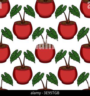 Modèle vectoriel sans couture de plantes d'oreille d'éléphant en pot avec des feuilles vertes vibrantes dans des pots rouges, parfait pour la décoration intérieure et la conception textile. Illustration de Vecteur