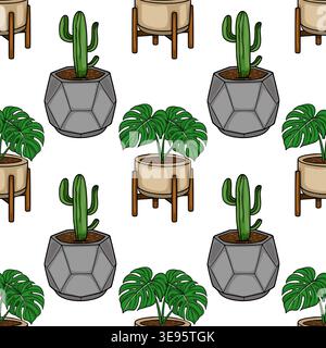 Modèle vectoriel sans couture de cactus en pot et de plantes monstera dans des jardinières géométriques Illustration de Vecteur