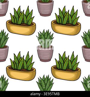 Modèle vectoriel sans couture de plantes de serpent en pot avec des feuilles vertes vibrantes dans des pots rayés jaunes et roses. Illustration de Vecteur