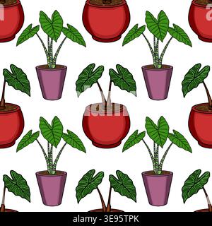 Motif vectoriel sans couture de plantes d'alocasia en pot avec des feuilles vertes vibrantes et des pots rouges et violets. Illustration de Vecteur