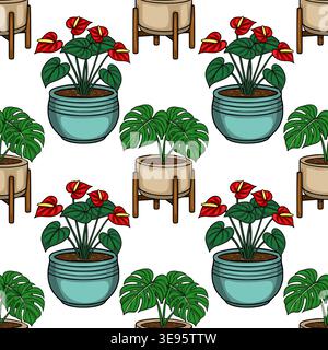 Motif vectoriel sans couture de plantes anthurium et monstera en pot avec des fleurs rouges vibrantes et des feuilles vertes luxuriantes. Illustration de Vecteur