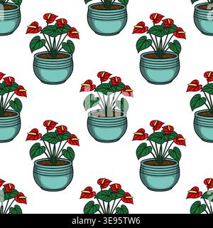 Modèle vectoriel sans couture de fleurs d'anthurium rouge en pot avec des feuilles vertes Illustration de Vecteur
