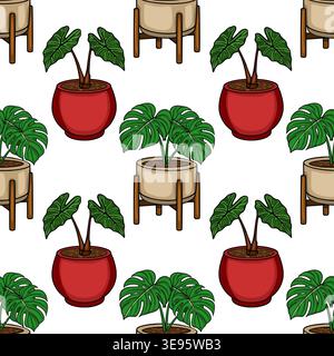 Modèle vectoriel sans couture de plantes d'intérieur vertes luxuriantes en pot, Monstera et Alocasia dans des jardinières rouges et beiges avec des supports en bois. Illustration de Vecteur
