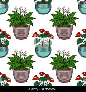 Motif vectoriel sans couture de plantes en pot Anthurium et Spathiphyllum avec des feuilles vertes vibrantes et des fleurs colorées. Illustration de Vecteur
