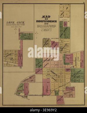 Cette carte du comté de Jackson, Missouri, de 1877 comprend des informations détaillées sur les villes d'Independence et de Lone Jack. Produit par la State Historical Society of Missouri, il fait partie d'une collection complète documentant le développement de la région à la fin du XIXe siècle. Banque D'Images