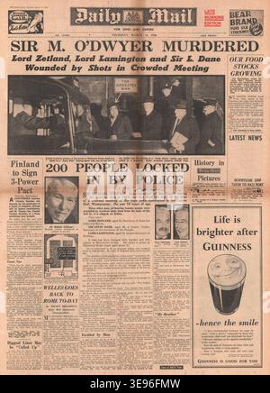 La première page du Daily mail, datée du 14 mars 1940, rapporte l'assassinat de Michael O'Dwyer, ancien lieutenant-gouverneur du Pendjab, en Inde, par Udham Singh. Cet événement a été un moment important dans l'histoire de la domination coloniale britannique en Inde. Le numéro 13 693 du Daily mail a rapporté l'assassinat tragique et ses ramifications politiques. Banque D'Images