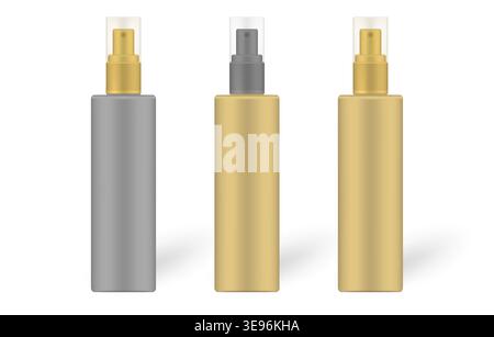 Flacon pulvérisateur à brume fine avec couvercle transparent isolé sur fond blanc, maquette réaliste. Conteneur de pompe de produit liquide, jeu de modèles vectoriels Illustration de Vecteur