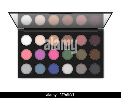 Palette professionnelle de fard à paupières de maquillage isolé sur fond blanc, illustration réaliste. Kit ombre à paupières couleur. Récipient de maquillage ouvert avec miroir, Illustration de Vecteur