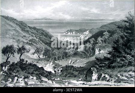 L'archiduc Louis Salvator d'Autriche (1847-1915) était un archiduc autrichien, naturaliste et auteur. Cette photogravure de 1907 capture une vue depuis la route de Margariti, avec une scène près de Parga, près d'Ayos Nikolaos. Les archives photographiques documentent le paysage scénique vu par Ludwig Salvator au cours de ses voyages. L'impression offre une représentation détaillée de la campagne grecque pittoresque. Banque D'Images
