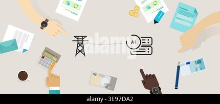 mains et documents financiers montrant le serveur d'intelligence artificielle connecté aux données de surveillance de la consommation d'énergie de la tour de transmission d'énergie électrique Illustration de Vecteur