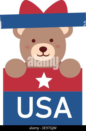 Patriotique mignon ours en peluche boîte cadeau illustration vectorielle plate. Un ours en peluche brun assis dans un clipart de boîte cadeau. Illustration mignonne du jour de l'indépendance des États-Unis. Illustration de Vecteur