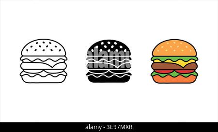 Trois icônes colorées de hamburger dans différents styles isolés sur fond blanc Illustration de Vecteur