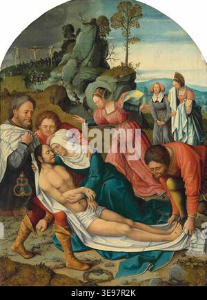 Maître de la légende de Marie-Madeleine (fl. Entre 1480 et 1537) a créé 'The Lamentation', une pièce remarquable pour sa profondeur émotionnelle et la représentation complexe du corps du Christ après la crucifixion. La version recadrée de l'image met l'accent sur les expressions douloureuses et les figures détaillées des figures de deuil. Banque D'Images