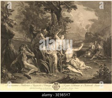 Henri Simon Thomassin (1687-1741) réalise la gravure *Pan Chasing Syrinx* en 1715 d’après la peinture de Louis de Silvestre. L'œuvre représente la scène mythologique de Pan poursuivant Syrinx avec des dieux des rivières et des nymphes en arrière-plan. Banque D'Images
