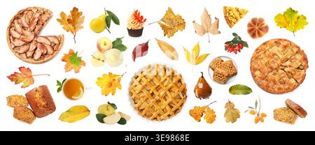 Collage d'ambiance d'automne avec des desserts de saison et des feuilles sur fond blanc Banque D'Images