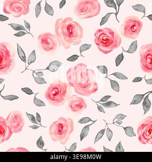 Motif aquarelle sans couture avec roses roses, feuilles grises. Fond élégant de répétition florale dans le style vintage pour la papeterie de mariage, papier peint en tissu Illustration de Vecteur