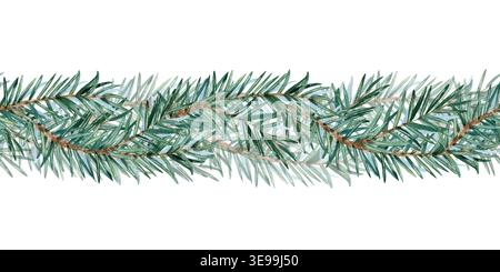 Bordure sans couture aquarelle des branches de sapin. Cadre de répétition de guirlande de pin épicéa Evergreen. Illustration isolée de l'arrière-plan. Peinte à la main moelleuse Banque D'Images