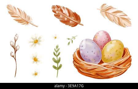 Ensemble clipart de Pâques avec nid, œufs peints, plumes et fleurs printanières. Illustration aquarelle isolée. Banque D'Images