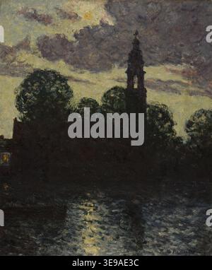 Maxime Maufra (1861-1918) est un peintre post-impressionniste français. Le tirage photographique historique documente sa peinture de 1898 'clair de lune au Faou', montrant une église au bord de l'eau sous le clair de lune. Banque D'Images
