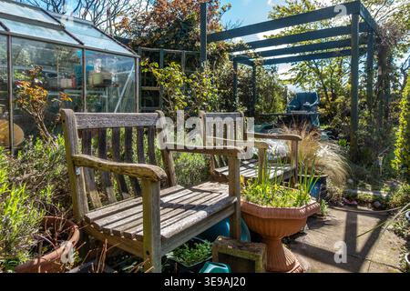 Un couple de sièges en bois sur un patio dans un jardin résidentiel au début du printemps Banque D'Images