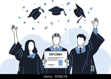 Heureux étudiants en robes célèbrent l'obtention du diplôme en jetant des casquettes en l'air tout en détenant un diplôme dans cette illustration vectorielle plate moderne. Illustration de Vecteur
