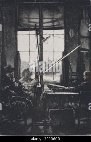 Axel Fridell (1894-1935) est un artiste suédois connu pour ses gravures et lithographies. Cette gravure de 1932 met en scène trois individus assis à un bureau dans un atelier, avec une fenêtre en arrière-plan offrant une vue sur une ville et un fleuve. L'image d'archives documente le style caractéristique de Fridell de travail de figures détaillées et de scènes atmosphériques. Banque D'Images