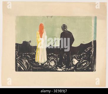 Edvard Munch (1863-1944) est un artiste norvégien surtout connu pour son exploration psychologique de la condition humaine. Cette copie d'archives, cataloguée sous le nom de MM.G.00601-02, fait partie de la série 'Grafikk' à Munchmuseet et met en évidence le portrait de Munch des peurs existentielles. Banque D'Images