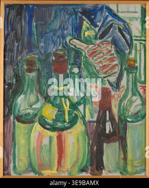 Edvard Munch (1863-1944) est un peintre norvégien. Le dossier photographique d'archives documente sa main de peinture peut-être 1938 tendre vers des bouteilles, mesurant 54,5 × 45,5 cm. Banque D'Images