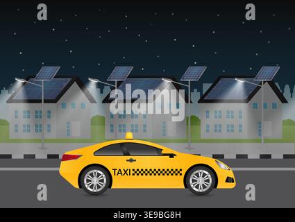 Taxi Drive le long de la route dans la ville la nuit. Concept de service de taxi. Illustration vectorielle. Illustration de Vecteur