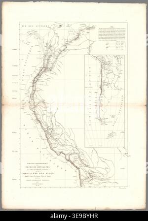 Alexander von Humboldt (1769-1859) et aimé Bonpland (1773-1858) sont deux explorateurs et scientifiques éminents qui ont voyagé en Amérique du Sud au début du XIXe siècle. Cette carte, qui fait partie de leur atlas de 1831, représente les nœuds de montagne et les branches de la chaîne des Andes. Il offre un aperçu géographique et scientifique significatif de la topographie de la région. Banque D'Images