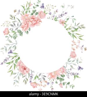 Cadre de couronne fleurie aquarelle avec pivoines roses, eucalyptus et verdure. Bordure ronde botanique peinte à la main pour les invitations de mariage, carte de voeux. Illustration de Vecteur