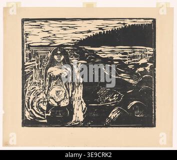 Edvard Munch (1863-1944) est un artiste norvégien renommé pour ses œuvres chargées d'émotions. Ce tirage d’archives, MM.G.00596-02, met en évidence la maîtrise de Munch en lithographie et son exploration de la tension émotionnelle et psychologique à travers des contrastes frappants et des lignes intenses. Banque D'Images