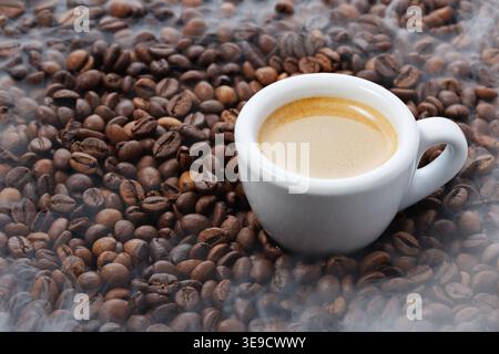 Espresso à la crème crémeuse dans une tasse blanche entourée de grains de café torréfiés aromatiques et de vapeur montante Banque D'Images