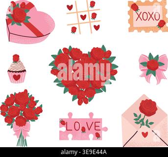 Ensemble romantique de clipart de Saint-Valentin avec bouquets de roses rouges, arrangements en forme de coeur, friandises sucrées et lettres d'amour, éléments floraux mignons pour les cartes, Illustration de Vecteur