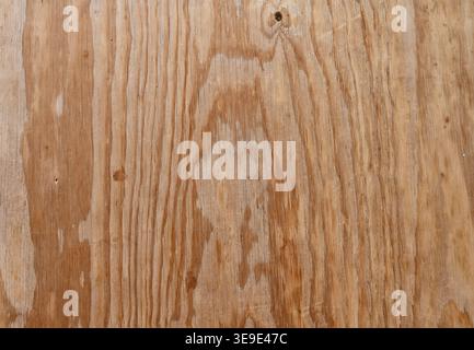Panneau de contreplaqué non peint avec fort grain de bois vertical, fissures visibles, trous de nœuds, bosses, tons brun et brun panaché et brun et éraflures éparses. Banque D'Images