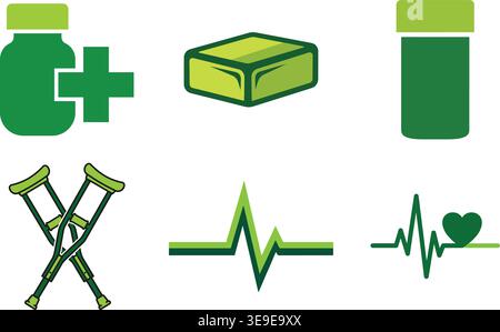 Ensemble d'icônes vectorielles de matériel de premiers soins de santé et médical avec ambulance et kit médical Illustration de Vecteur