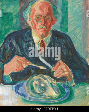 Edvard Munch (1863-1944) peint un autoportrait avec une tête de morue sur l'assiette entre 1940 et 1942. Dans cette peinture évocatrice, Munch se dépeint avec une tête de morue sur une assiette, symbolisant son lien avec la mortalité et les dures réalités de la vie. La peinture reflète les réflexions existentielles de Munch et sa préoccupation constante pour la mort et la souffrance. Banque D'Images