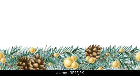 Aquarelle Noël bordure sans couture branches horizontales d'épinette décorées de perles dorées et cône de sapin. Illustration isolée peinte à la main festive pour Banque D'Images
