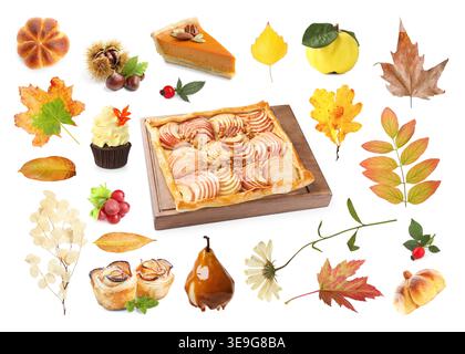 Collage d'ambiance d'automne avec des desserts de saison et des feuilles sur fond blanc Banque D'Images