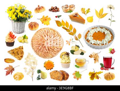 Collage d'ambiance d'automne avec des desserts de saison et des feuilles sur fond blanc Banque D'Images