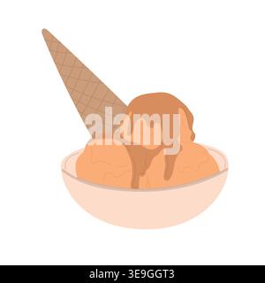 Boules de crème glacée au caramel dans un bol avec un cône de gaufre, dessert glacé sucré, gâterie d'été crémeuse, illustration vectorielle plate minimaliste Illustration de Vecteur