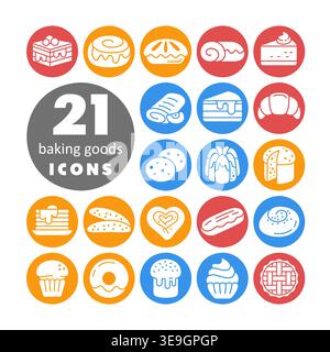 Un simple ensemble de 21 icônes de glyphe présentant des produits de boulangerie comme des gâteaux, des pâtisseries, des biscuits et divers pains. Cette collection est parfaite pour les menus, la nourriture blo Illustration de Vecteur