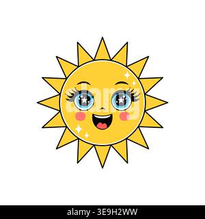 Soleil de dessin animé mignon et heureux avec de grands yeux brillants Illustration de Vecteur