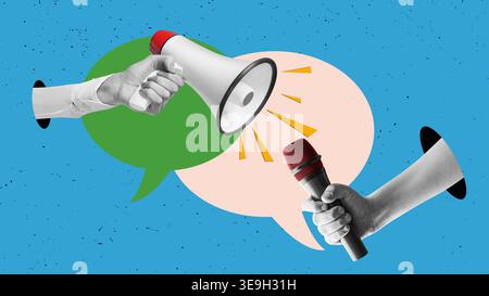 Collage artistique, une main tient le microphone et le mégaphone. Entretien avec les médias avec boîte de dialogue bulle de discours. Annonce, journaliste ; concept de commentaire. Banque D'Images