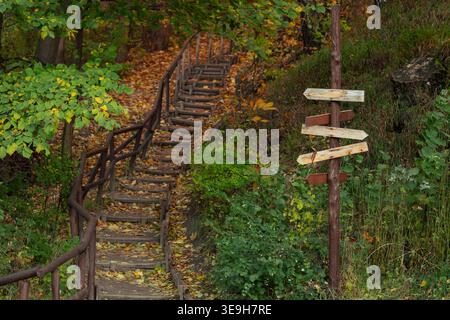 Un escalier en bois avec une balustrade serpente sur une colline couverte de feuilles vertes et jaunes, avec un panneau de signalisation sur la droite avec plusieurs flèches pointant Banque D'Images