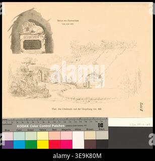 Bertel Thorvaldsen (1770-1844) est un sculpteur danois renommé connu pour ses œuvres néoclassiques. Le plan de 1889 illustre la conception du mémorial de Thorvaldsen, y compris un croquis d’une sculpture de lion sculptée dans la roche, avec des vues détaillées de l’environnement environnant. L'image donne un aperçu de son processus créatif et de sa vision architecturale pour la conception commémorative. Banque D'Images